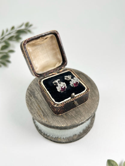 Preloved 18ct White Gold, Ruby & Diamond Cluster Stud Earrings