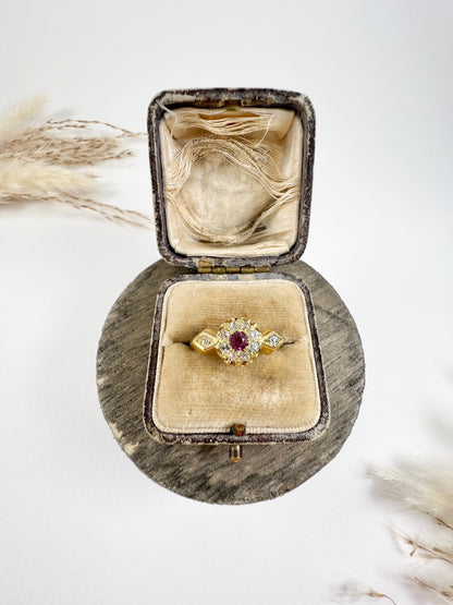 Antique 18 ct Yellow Gold Fancy Ruby And Diamond Daisy Cluster Ring