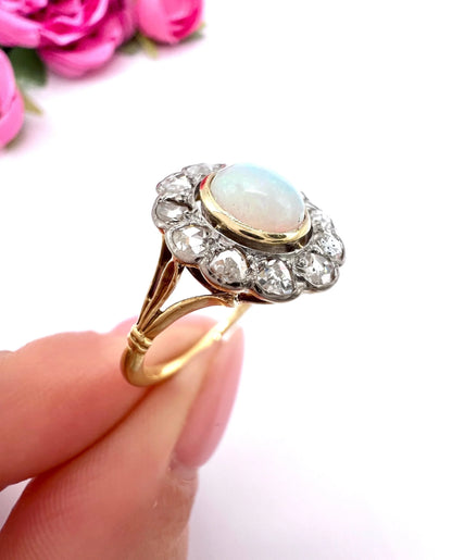 Victorian 18 Carat Yellow Gold Opal and Diamond Oval Cluster Ring, Circa 1890