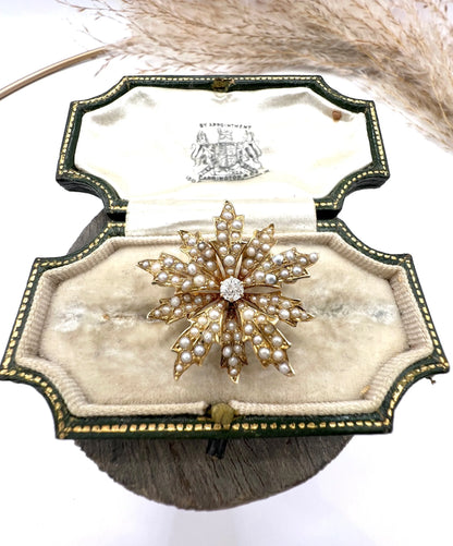 Antique 15 ct Gold, Edwardian Natural Seed Pearl And Diamond Flower Pendant/Brooch