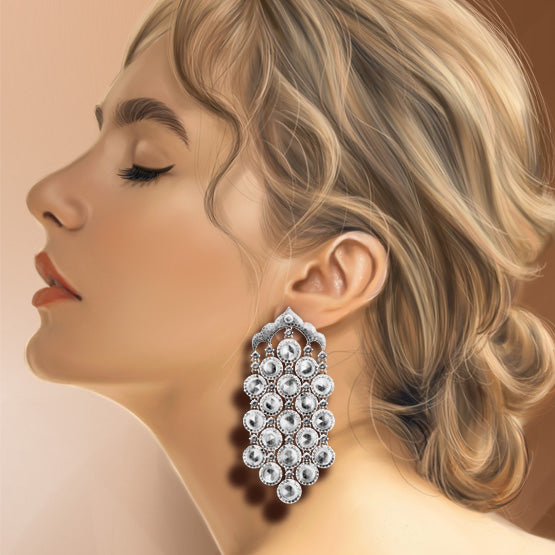 Diamond Chandelier Drop Earrings; featuring 38 round rose cut diamonds surrounded with halos of round brilliant cut diamonds, 10.96 carat total, 18ct white gold