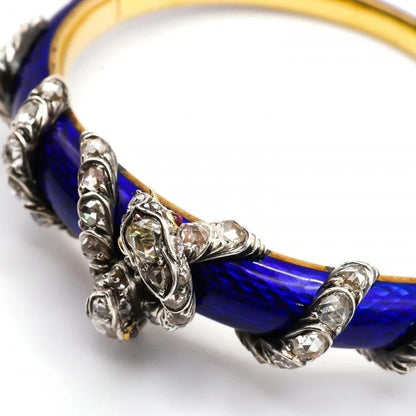Victorian Antique Blue Enamel and Diamond Set Gold Snake Bangle Bracelet