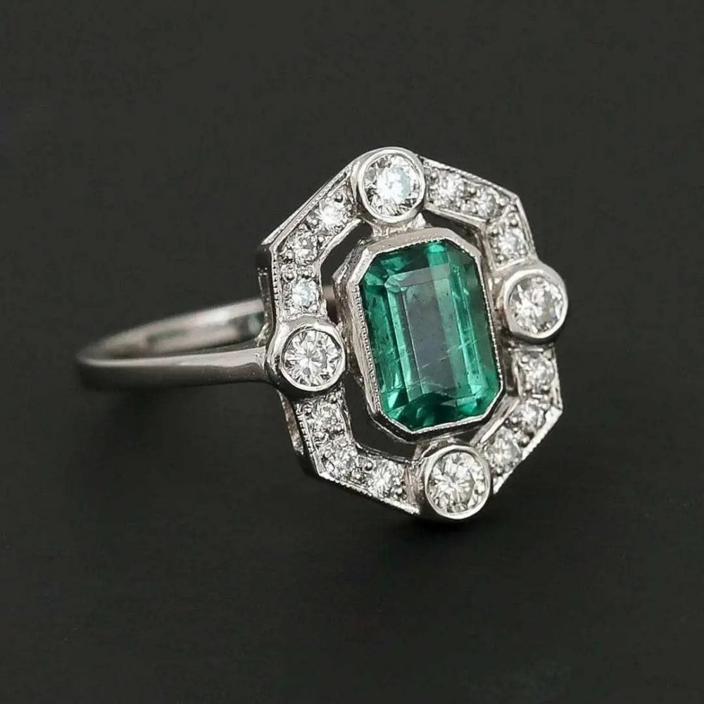 Art Deco Style 1ct Emerald and Diamond Halo Cluster Ring in Platinum