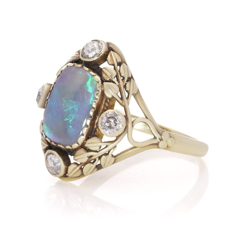 Antique Arts and Crafts Opal Diamond Gold Dress Ring