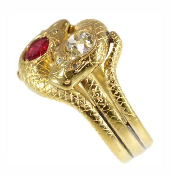 Late Victorian Old Cut Diamond and Ruby Snake Ring, 18ct Yellow Gold