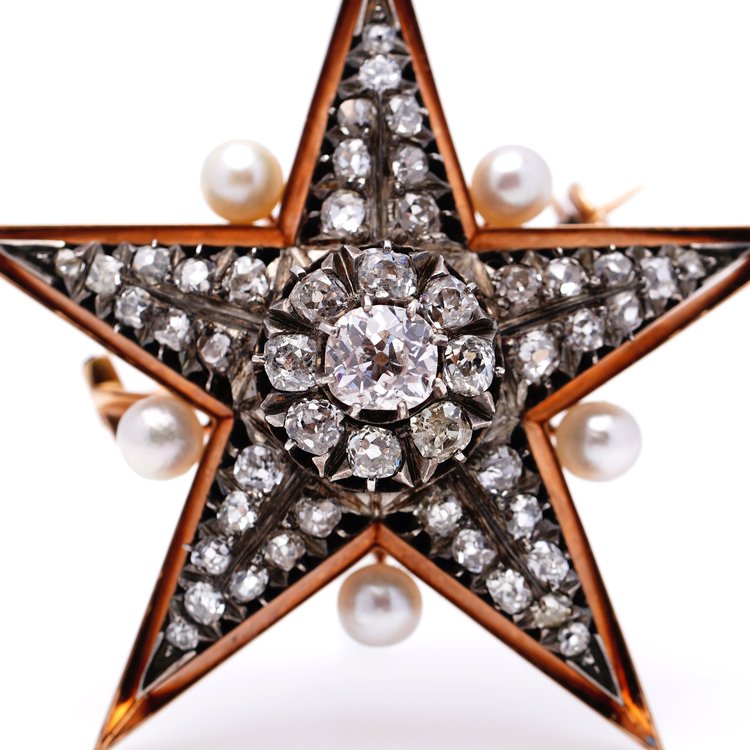 Antique Victorian Old Mine Cut Diamond and Pearl Star Brooch