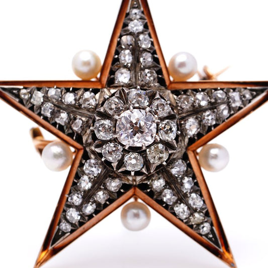 Antique Victorian Old Mine Cut Diamond and Pearl Star Brooch