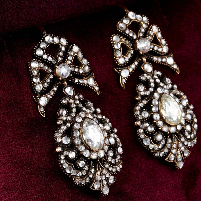 Georgian Antique Style Rose Cut Diamond Pendeloque Earrings, 11.60 carats