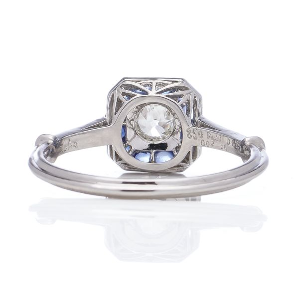 Art Deco Inspired Old European Cut Diamond and Sapphire Cluster Engagement Ring in Platinum