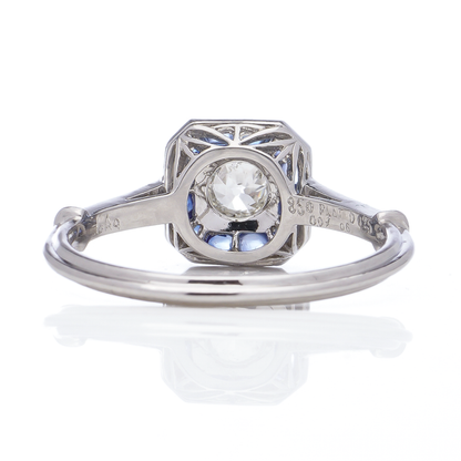 Art Deco Inspired Old European Cut Diamond and Sapphire Cluster Engagement Ring in Platinum