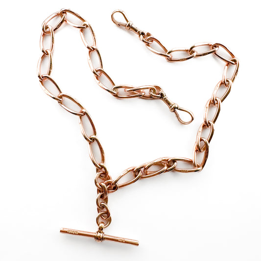 Edwardian Rose Gold Twisted Trombone Link Albert Chain Necklace