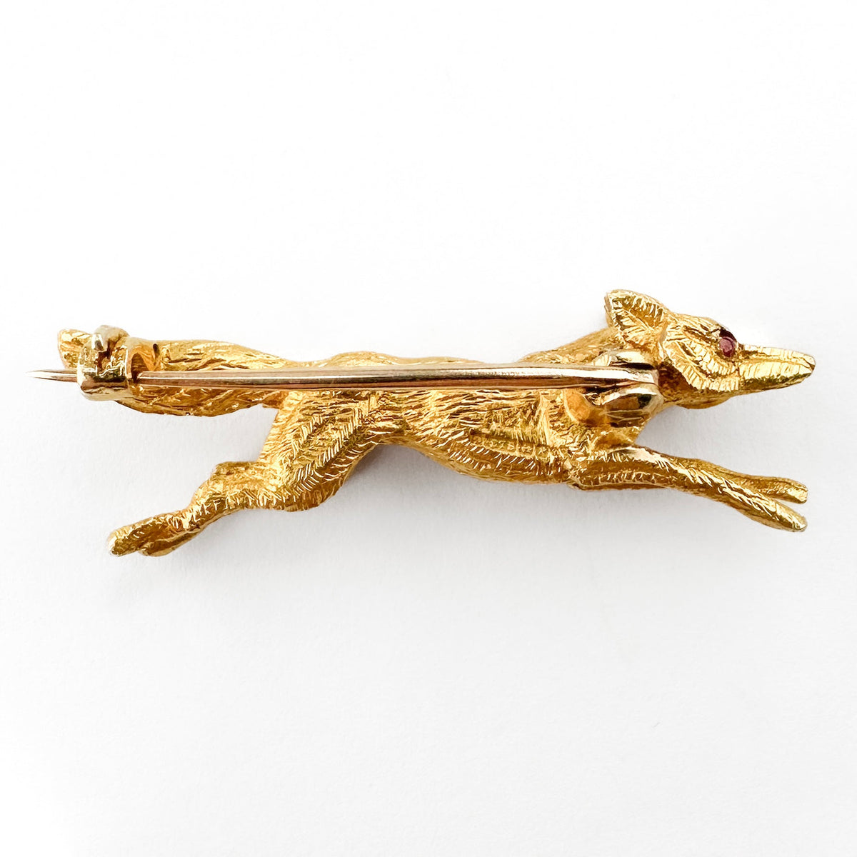 Vintage Yellow Gold Running Fox Brooch With Ruby Eyes, Circa 1990s