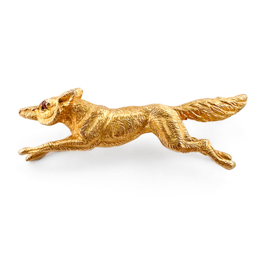 Vintage Yellow Gold Running Fox Brooch With Ruby Eyes, Circa 1990s