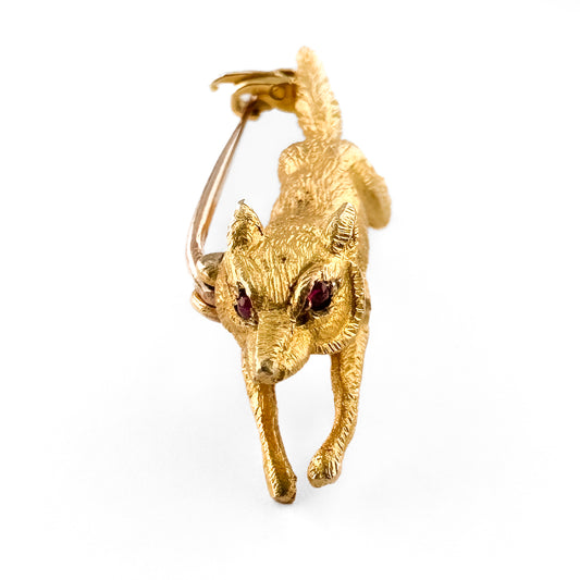 Vintage Yellow Gold Running Fox Brooch With Ruby Eyes, Circa 1990s
