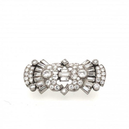 Art Deco Baguette and Brilliant Diamond Brooch in Platinum, set with 4.30 carats of baguette and round brilliant-cut diamonds, Circa 1935