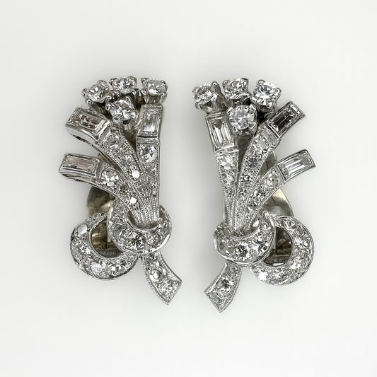 Vintage Baguette and Brilliant Cut Diamond Spray Earrings
