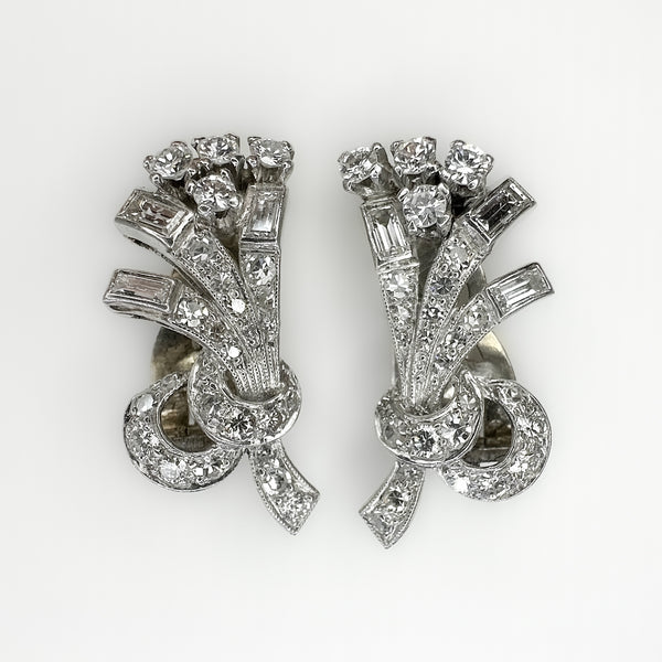 Vintage Baguette and Brilliant Cut Diamond Spray Earrings