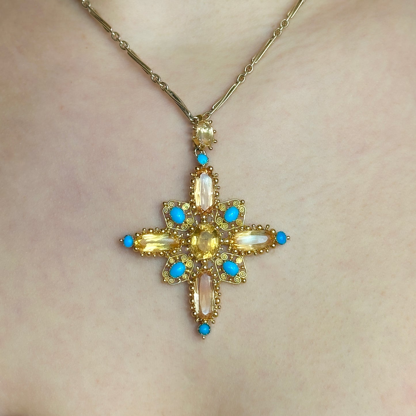 Antique Victorian Topaz Turquoise Gold Cross Pendant