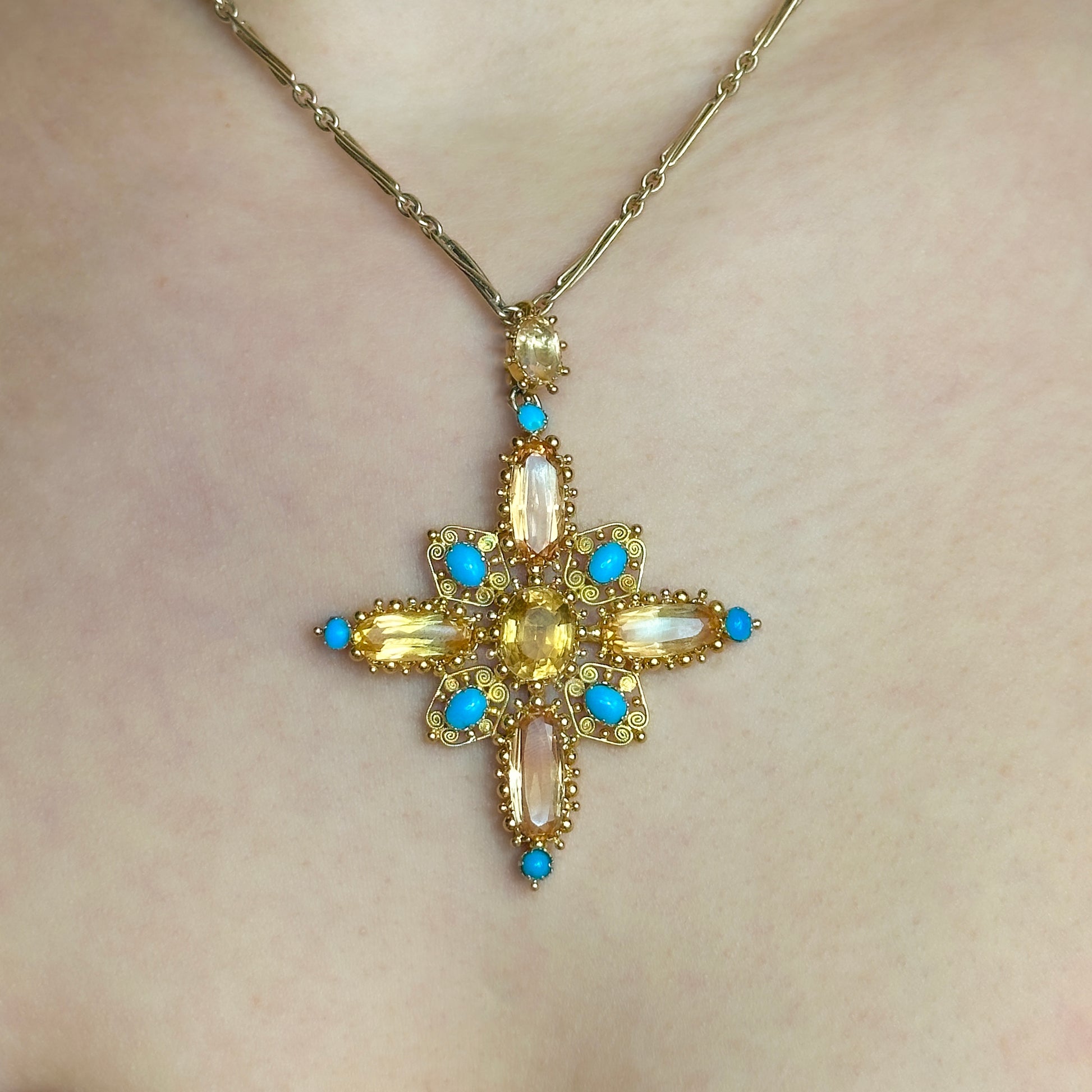 Antique Victorian Topaz Turquoise Gold Cross Pendant