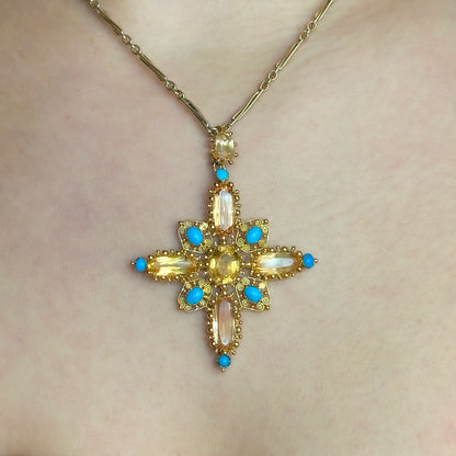 Antique Victorian Topaz Turquoise Gold Cross Pendant