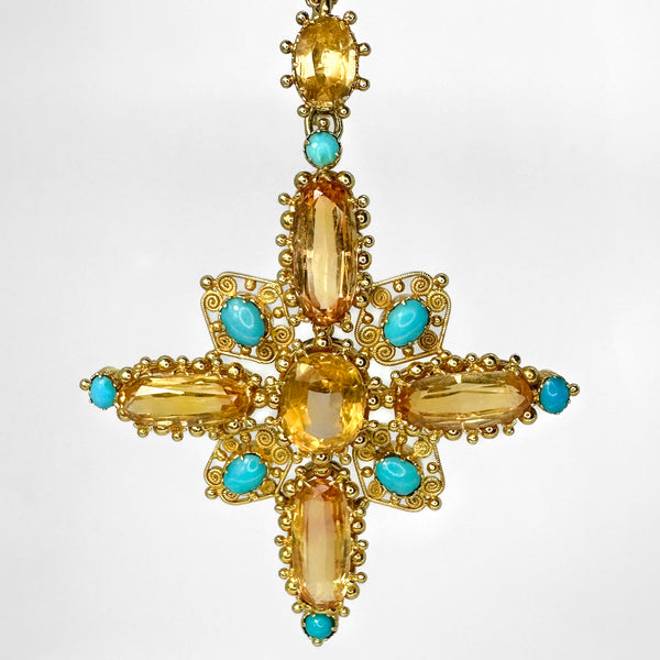 Antique Victorian Topaz Turquoise Gold Cross Pendant