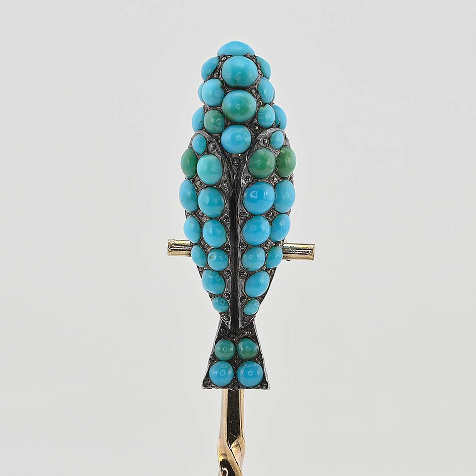 Early Victorian Antique Turquoise Parrot Stick Pin Brooch with Ruby Eyes, Late 19th century Circa 1840