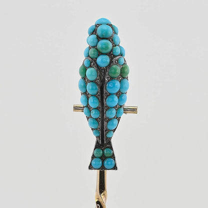Early Victorian Antique Turquoise Parrot Stick Pin Brooch with Ruby Eyes, Late 19th century Circa 1840
