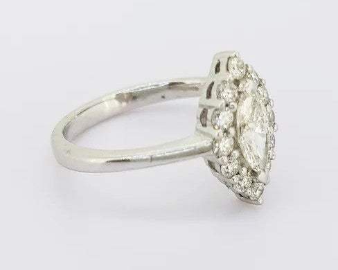 0.99ct Diamond Marquise Cluster Ring; central 0.51 carat marquise-cut diamond set with a 0.48ct brilliant-cut diamond surround, Crafted from 18ct white gold