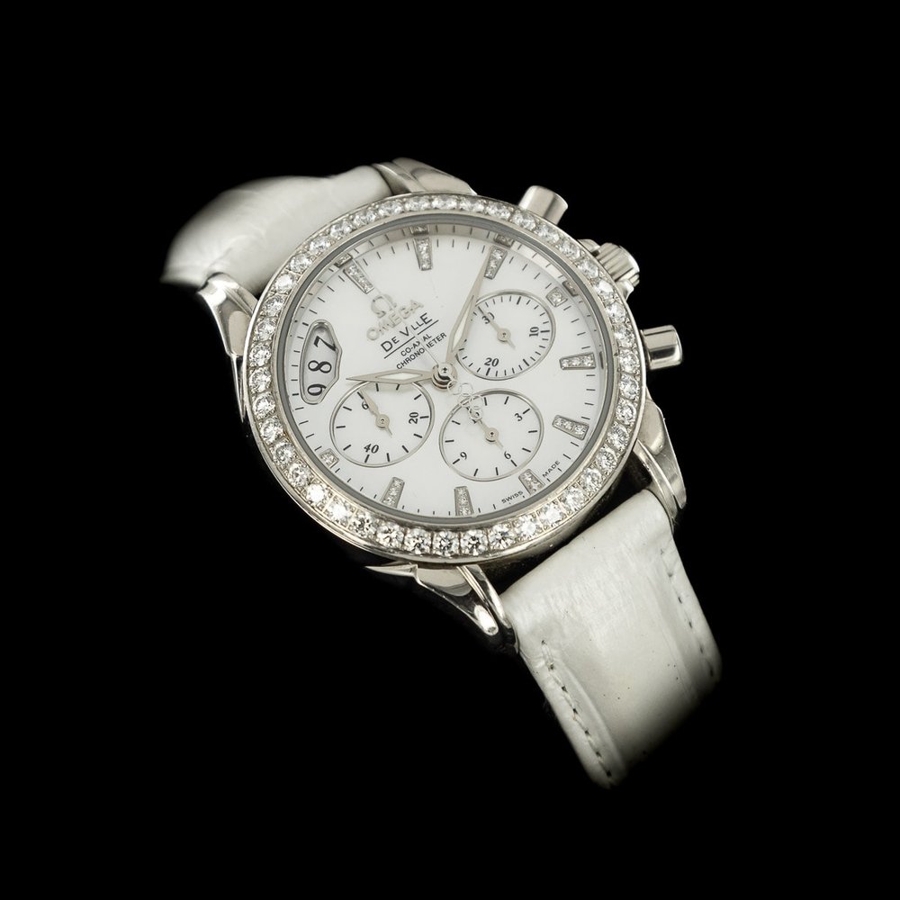 Omega De Ville Co-Axial Olympic Collection Beijing 2008 with Diamonds, ref 422.58.35.50.55.002 limited edition 18ct white gold reduced size 35mm case automatic chronograph chronometer date factory set diamond dial and bezel