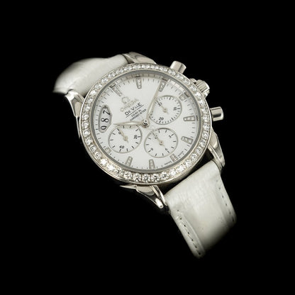 Omega De Ville Co-Axial Olympic Collection Beijing 2008 with Diamonds, ref 422.58.35.50.55.002 limited edition 18ct white gold reduced size 35mm case automatic chronograph chronometer date factory set diamond dial and bezel