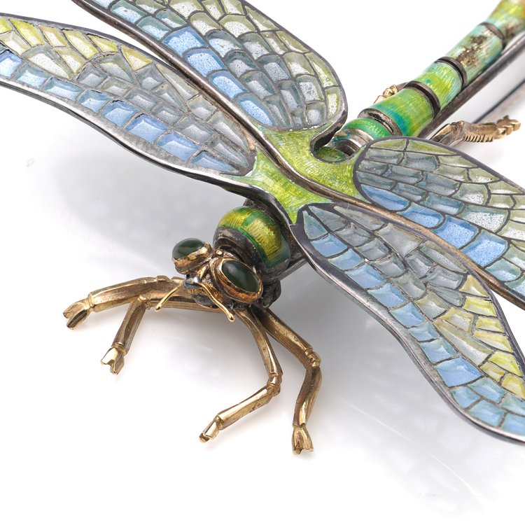 Late Art Deco Plique a Jour Enamel Dragonfly Brooch