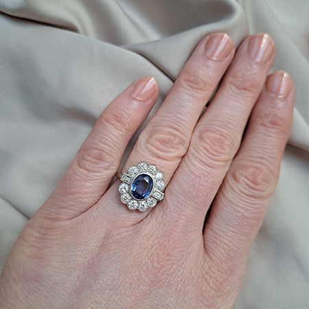 1.90ct Oval Sapphire and Diamond Flower Cluster Ring in Platinum