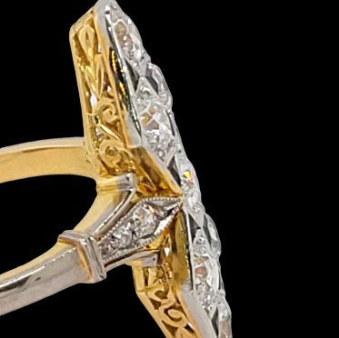 Edwardian Antique Sapphire and Diamond Chequerboard Plaque Ring in Platinum and 18ct Yellow Gold