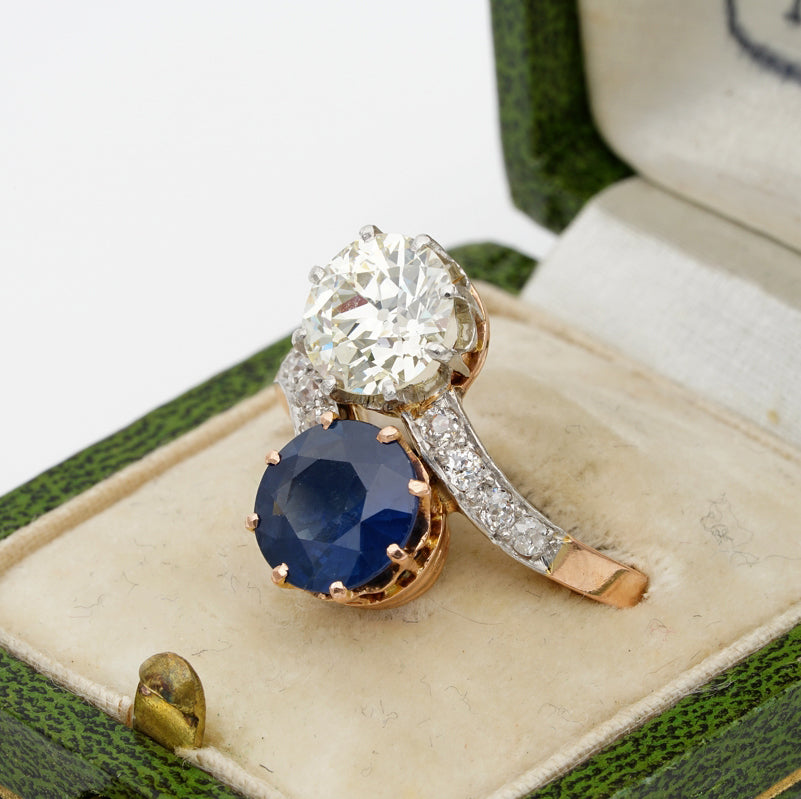 Edwardian Antique 2.30ct Natural Sapphire and 1.70ct Old Cut Diamond Toi et Moi Two Stone Crossover Engagement Ring