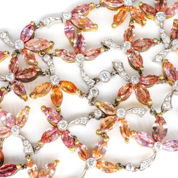 Padparadscha Sapphire, Diamond and Ruby Bracelet, 39.52 carats