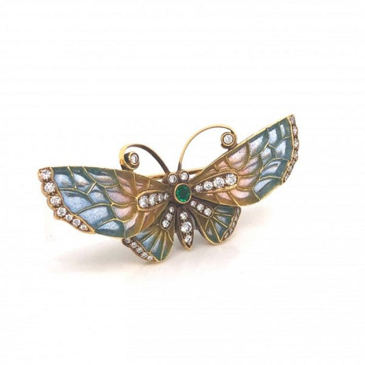 Blue and Pink Enamel Butterfly Brooch with Diamonds and Emerald