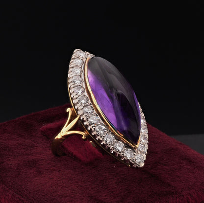 Antique 16ct Marquise Cabochon Amethyst and Diamond Cluster Navette Ring