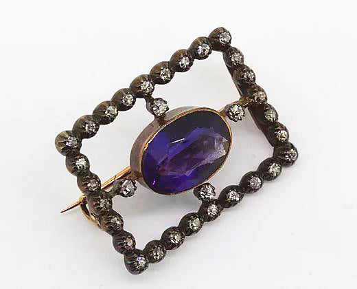 Antique Georgian Amethyst and Diamond Brooch, Silver and Gold, c.1830