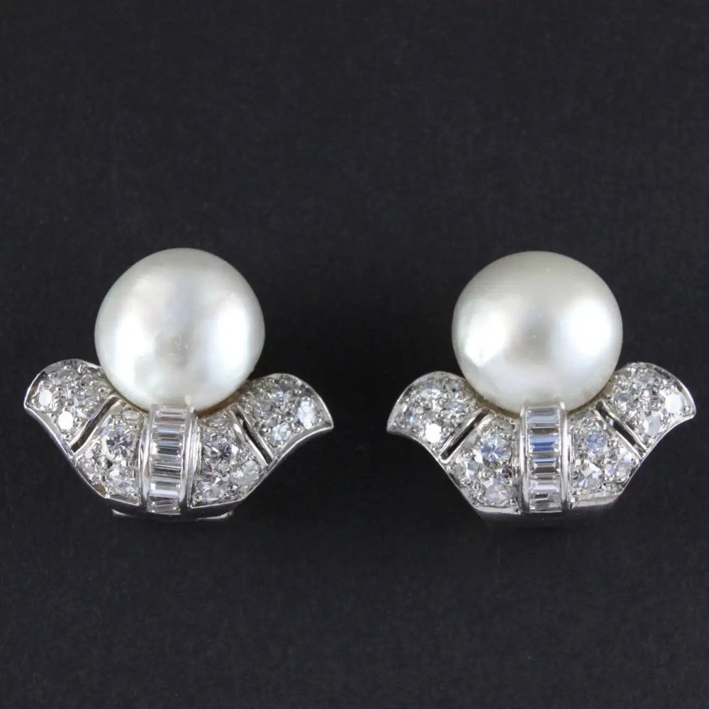 Art Deco Natural Pearl and Diamond Clip On Earrings
