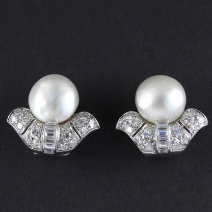 Art Deco Natural Pearl and Diamond Clip On Earrings