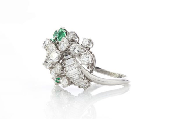 Vintage 1970s Abstract Diamond and Emerald Cluster Ring, 4cts baguette and brilliant diamonds, 1cts marquise-cut emeralds, 18ct white gold