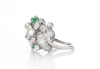 Vintage 1970s Abstract Diamond and Emerald Cluster Ring, 4cts baguette and brilliant diamonds, 1cts marquise-cut emeralds, 18ct white gold