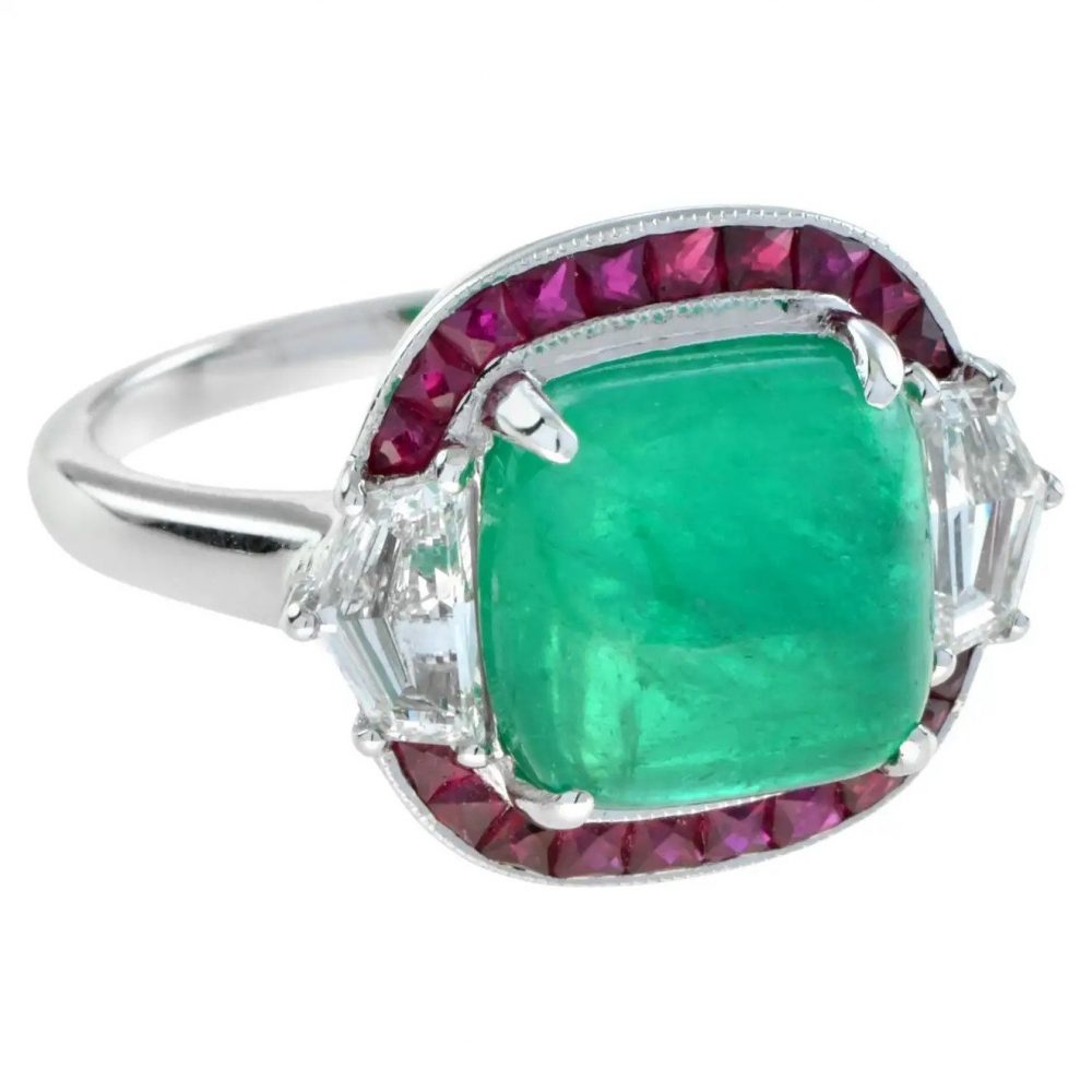 4.12ct Colombian Emerald with Ruby and Diamond Halo Ring