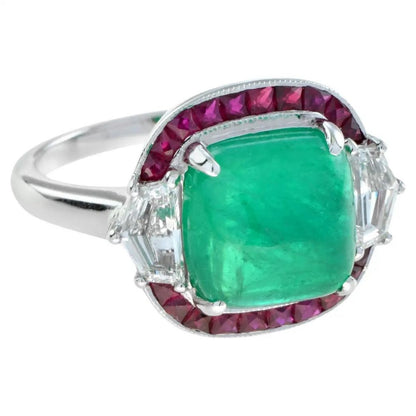 4.12ct Colombian Emerald with Ruby and Diamond Halo Ring