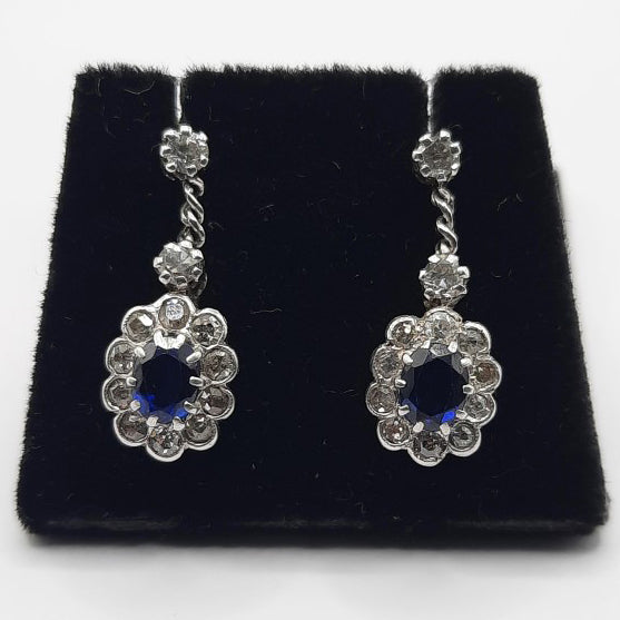 Antique Sapphire and Diamond Cluster Drop Earrings