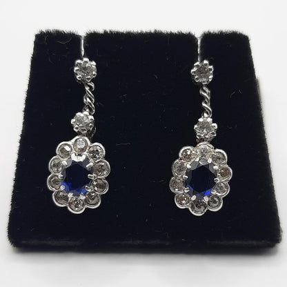 Antique Sapphire and Diamond Cluster Drop Earrings