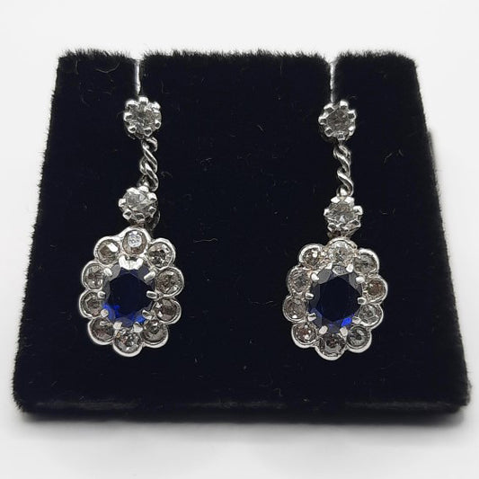 Antique Sapphire and Diamond Cluster Drop Earrings