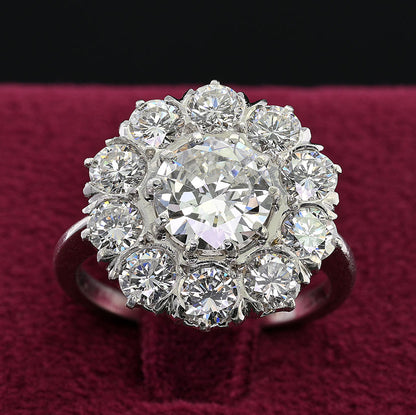 Late Art Deco Certified D VS 1.35ct Diamond Daisy Cluster Engagement Ring in Platinum, 3.19 carat total