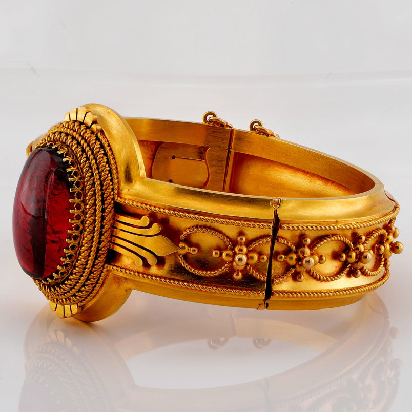 Antique Etruscan Revival Gold and Garnet Locket Bangle Bracelet