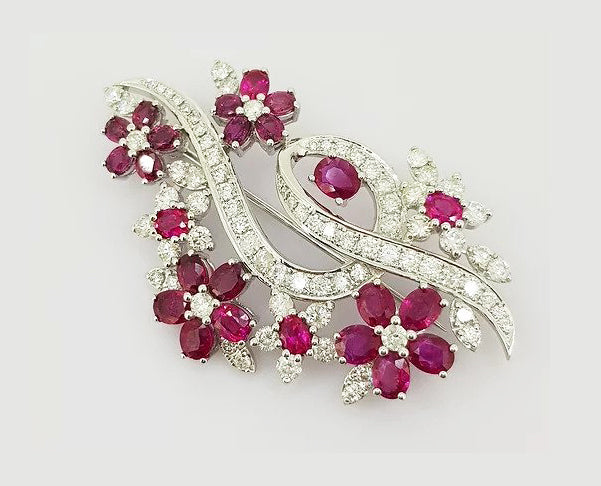 Vintage Ruby and Diamond Floral Spray Brooch, 18ct white gold. Circa 1970's